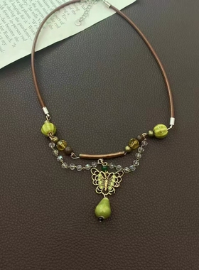 新中式镶钻绿色蝴蝶陶瓷水滴项链小众设计感气质百搭锁骨链时尚风