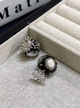 辣妹黑色珐琅太阳神耳钉女轻奢高级感气质大气耳环小香风双面耳饰