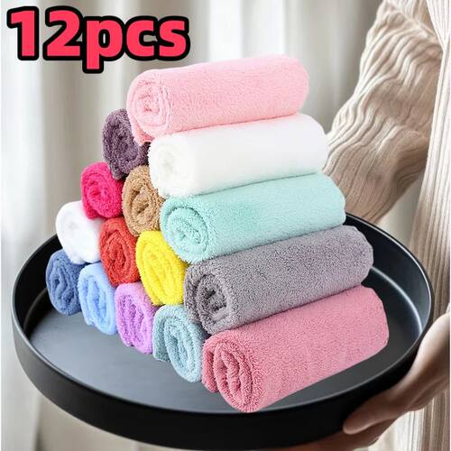 12Pcs Random Color High-Quality Soft Absorbent Washcloths Qu