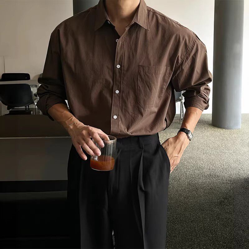 美拉德咖色翻领长袖衬衫男秋季美式复古慵懒风休闲免烫抗皱衬衣潮