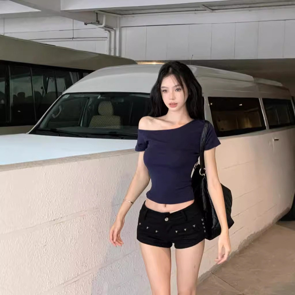 2025夏季新款短款露脐修身百搭学生上衣ins潮欲斜露肩短袖T恤女