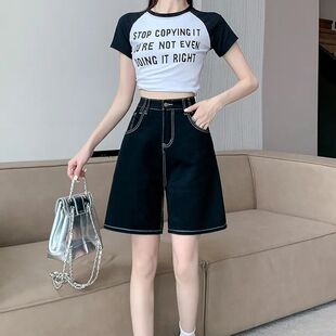 高腰宽松百搭休闲a字阔腿中裤 新款 子 女夏季 黑色五分直筒牛仔短裤