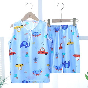 中大童人造棉 男童女童宝宝男孩无袖 夏天儿童绵绸睡衣背心短裤 套装