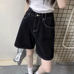 高腰宽松百搭休闲a字阔腿中裤 新款 子 女夏季 黑色五分直筒牛仔短裤