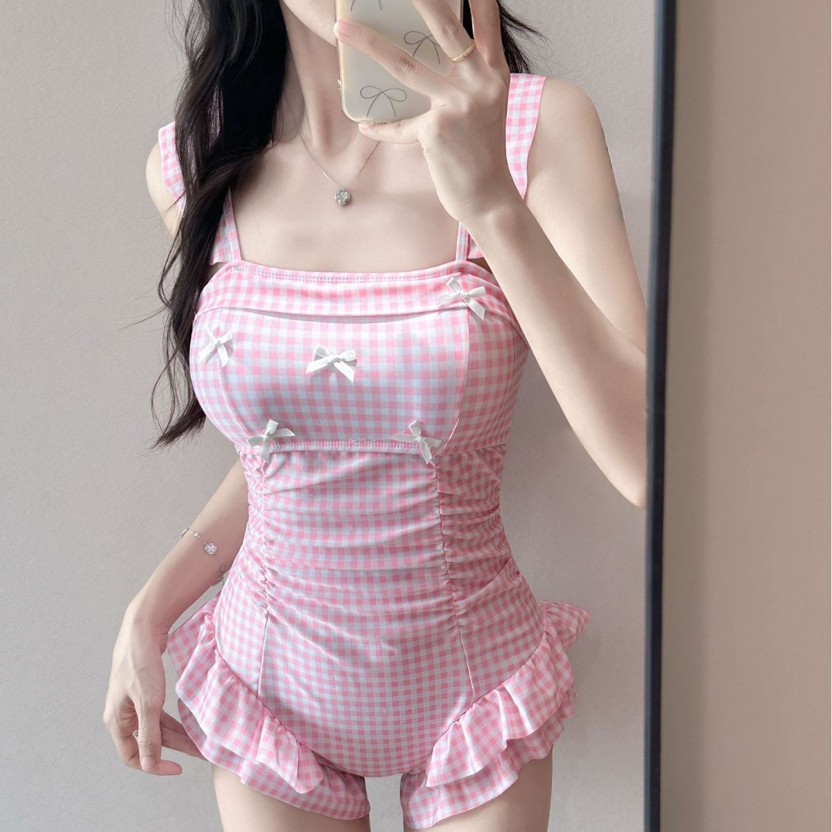 夏季原创泳衣女2026新款甜美清新蓝格子连体荷叶边度假游泳衣女