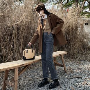 潮 蓝灰色韩系直筒韩系风弹力双扣皮牌烟管裤 2026年新款 春秋九分裤