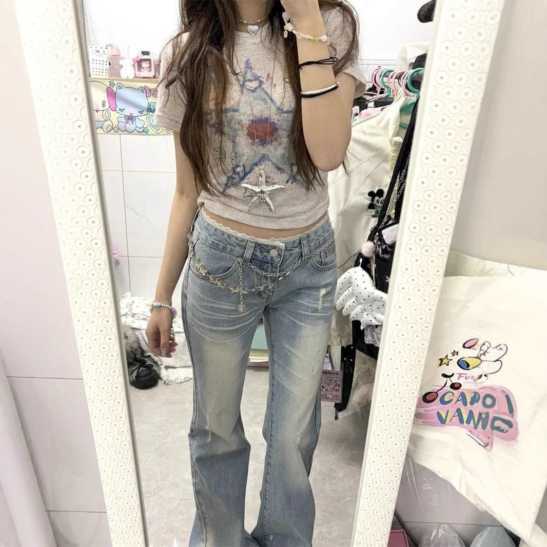 2025秋美式复古水洗蕾丝浅色牛仔裤女辣妹拼接低腰显瘦拖地喇叭裤