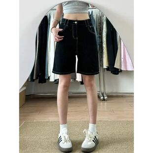 高腰显瘦宽松阔腿直筒中裤 美式 新款 女夏季 子 复古黑色五分牛仔短裤