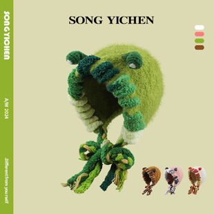 2025新款搞怪可爱绿色小怪兽毛绒帽子女冬季大头围保暖护耳毛线帽