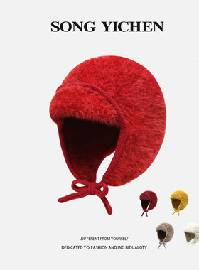 红色飞行员毛绒雷锋帽女款冬季护耳针织毛线帽保暖防寒大头围帽子