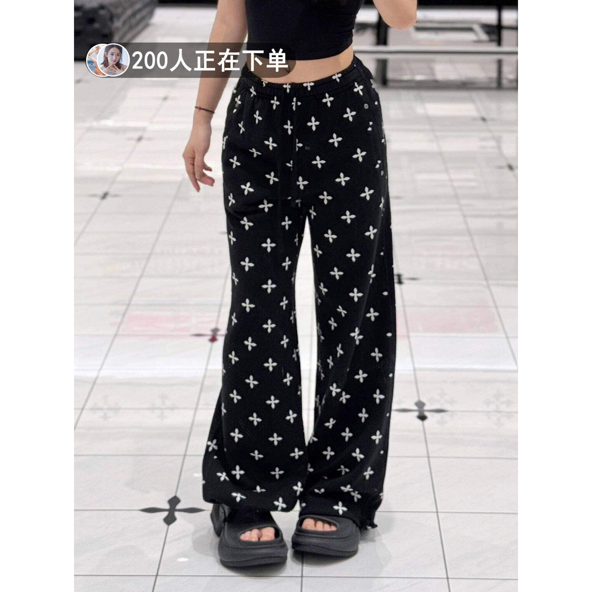 现货 黑花园阔腿运动裤美式街头宽松纯棉十字花满印休闲裤平替