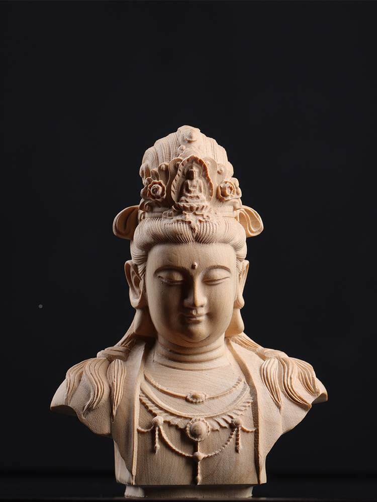 l黄木雕观音佛头杨佛首把件意摆件佛像茶室玄关客厅家禅居手新i.