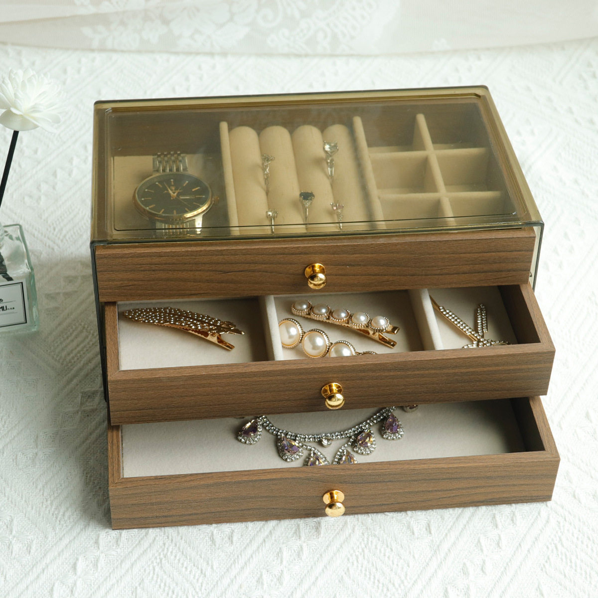 首饰收纳盒高档精致胡桃木纹大容量耳钉项链饰品头饰珠宝箱,包装,首饰包装,淘宝优惠券,粉丝福利购,淘宝优惠卷