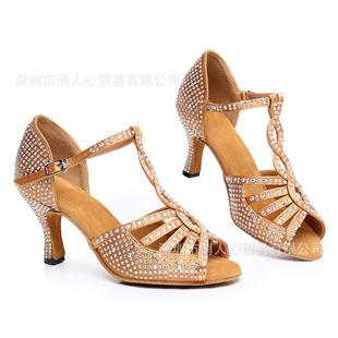 新品 女成年室內專業(yè)軟底高級舞蹈鞋 帶鉆高跟跳舞鞋 黑色水鉆拉丁鞋