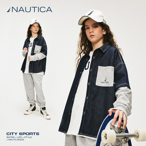 NAUTICA/诺帝卡童装男童女童假两件牛仔衬衫外套春秋儿童美式复古