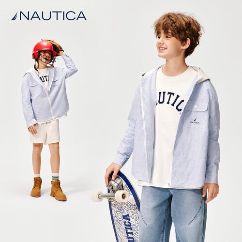 NAUTICA/诺帝卡男女童薄外套拼接连帽竖条纹衬衫