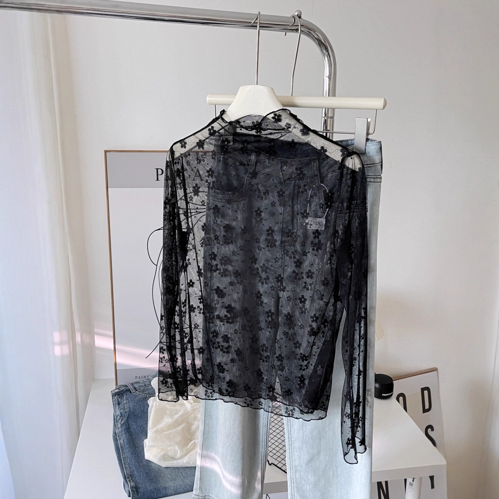 法式半高领木耳边小碎花蕾丝打底衫女梅花韩系叠穿内搭纱衣6466