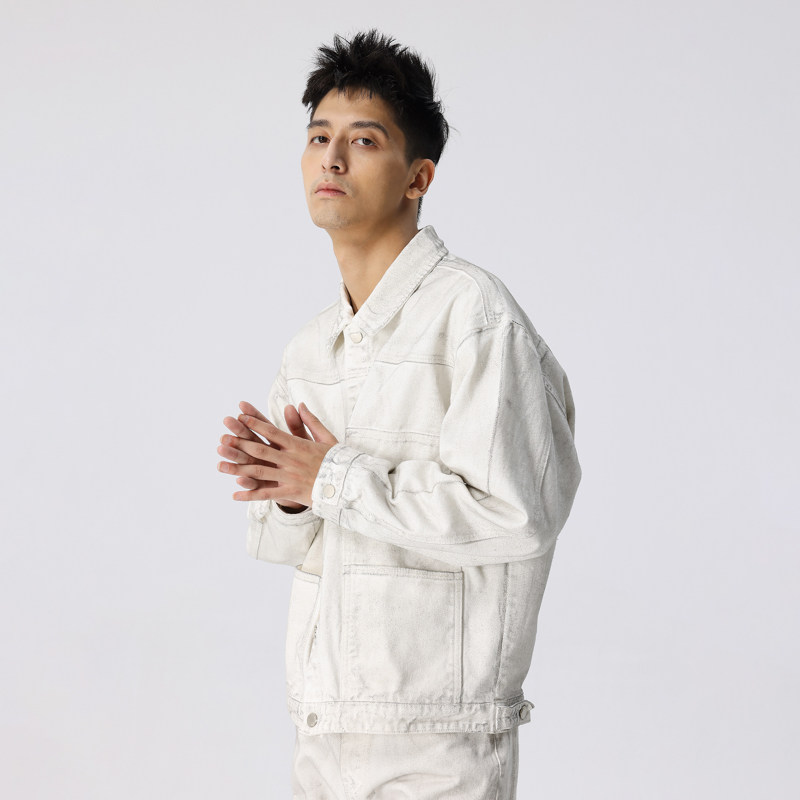 新因素脏白色美式工装牛仔夹克宽松做旧复古春秋纽扣外套男女同款