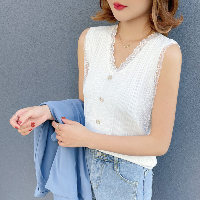蕾丝边吊带背心女夏季无袖外穿修身针织衫设计感小众内搭白色上衣