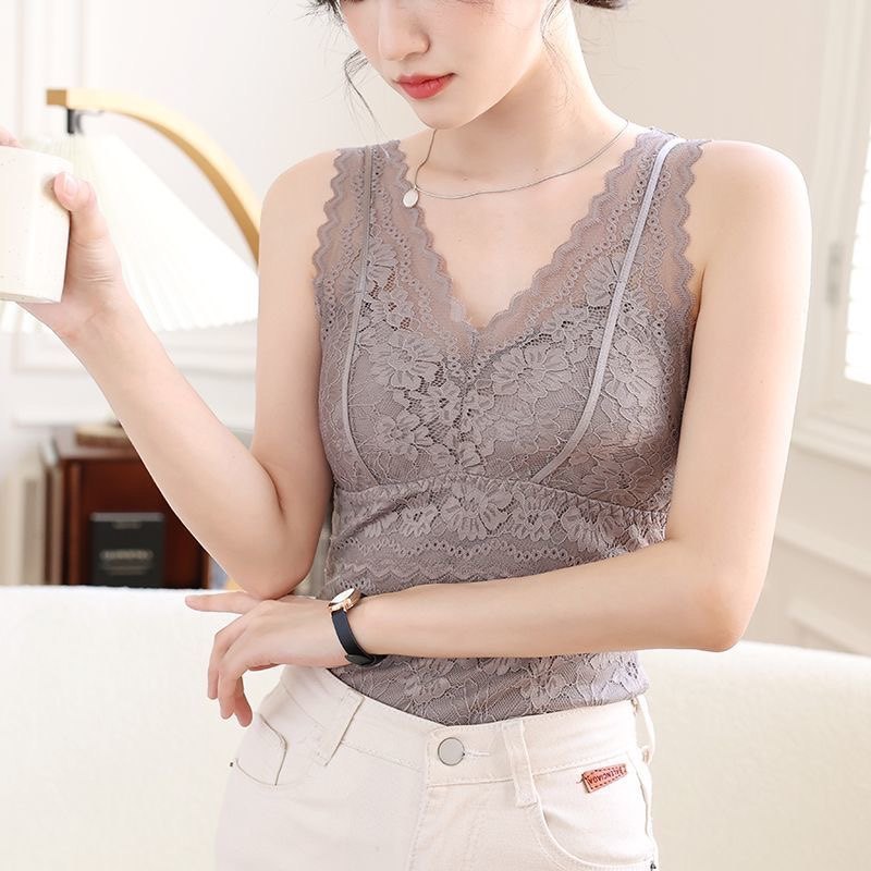 加绒吊带蕾丝背心美背文胸聚拢保暖内搭打底蕾丝上衣秋冬一体性感