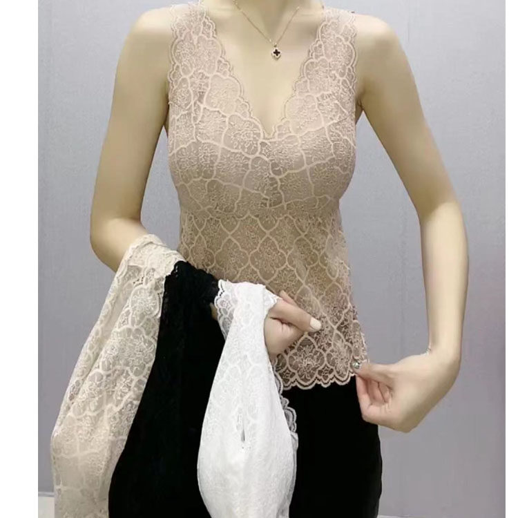 纯欲风v领性感蕾丝美背吊带背心女聚拢防下垂内搭一体打底上衣女