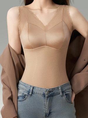 德绒保暖背心吊带固定杯免穿文胸蕾丝缎面秋冬大码打底内衣女美背