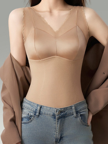 德绒保暖背心吊带固定杯免穿文胸蕾丝缎面秋冬大码打底内衣女美背