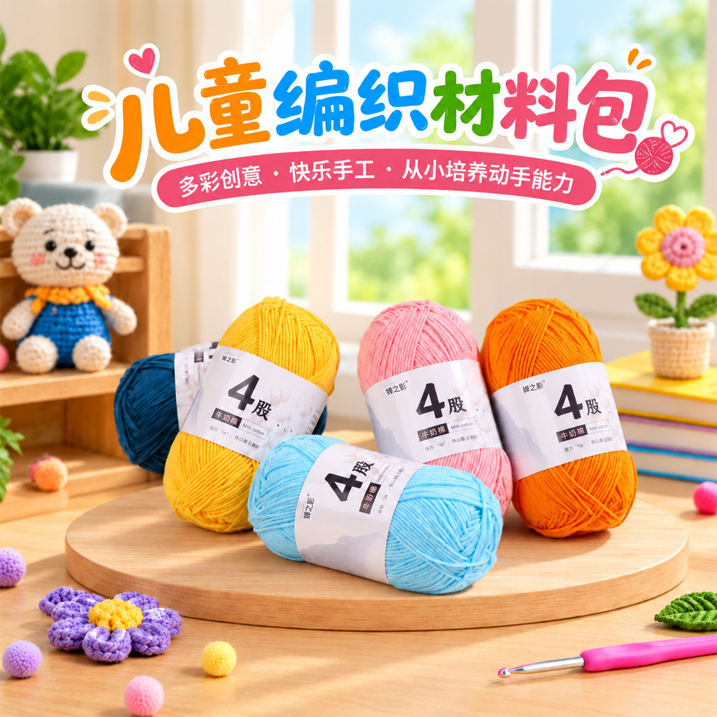 彩色毛线手工编织幼儿园粘贴画材料包粗毛线新手钩织工具套装全套