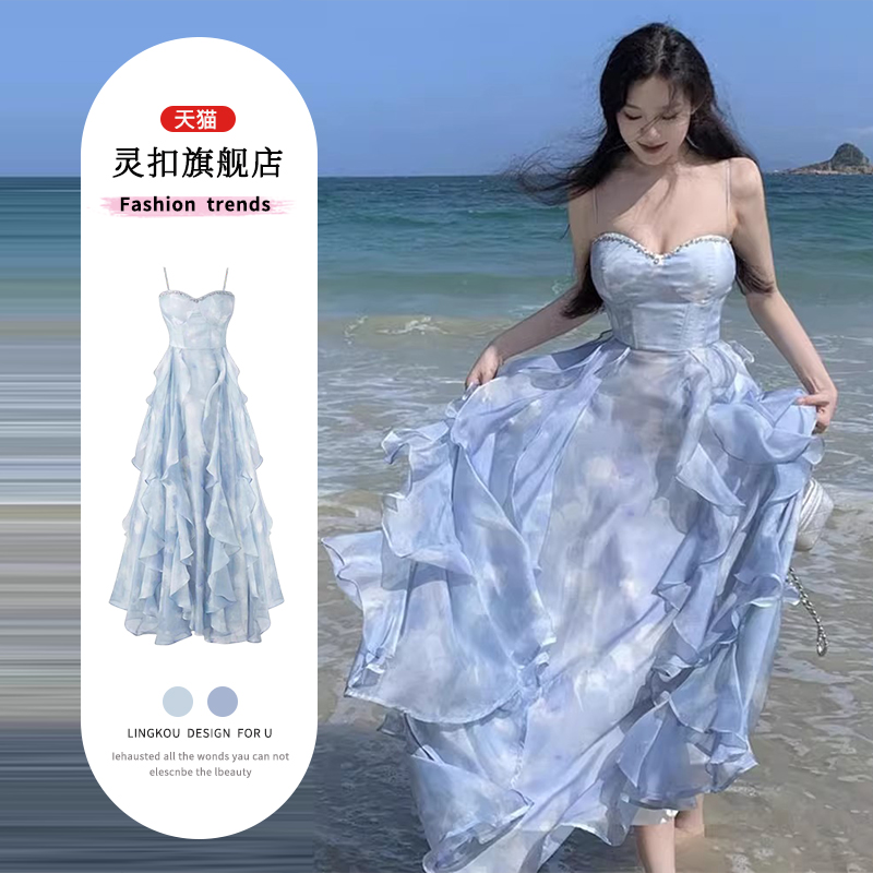 大码夏日法式蓝色抹胸不规则烫钻吊带连衣裙女绝美海边沙滩掐腰裙