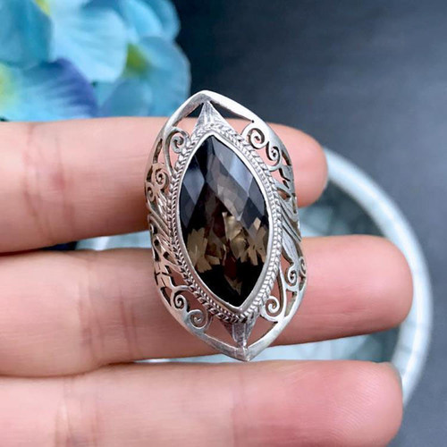 手工镀S925银复古镂空茶晶戒指女古典个性气质首饰品藏式男女礼物