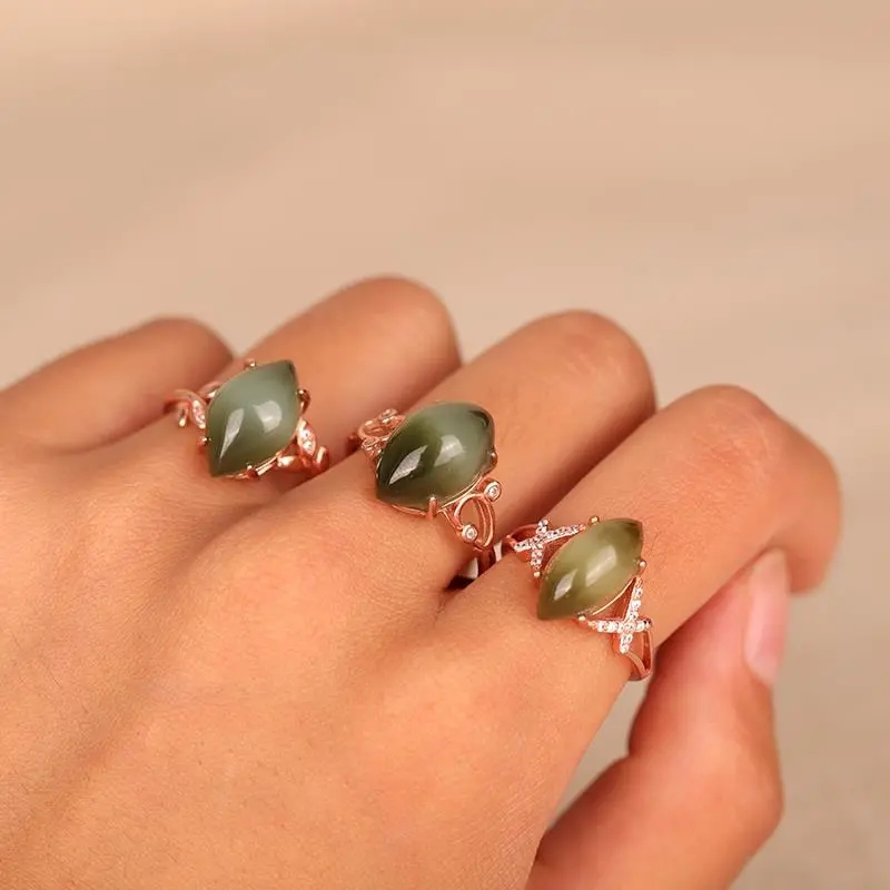 新疆渐变碧玉猫眼戒指 日韩S925银18K玫瑰金彩银高级可调节指环女