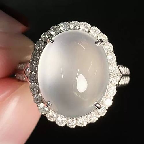 天然玉髓玉石冰种白底蛋戒指镀S925银镶嵌优雅气质大气可调节指环