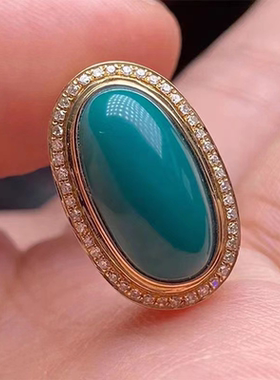 高瓷蛋面仿绿松戒指女款镀18K金镶嵌指环高级感高端开口可调节