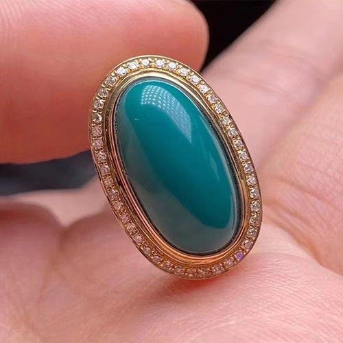 高瓷蛋面仿绿松戒指女款镀18K金镶嵌指环高级感高端开口可调节