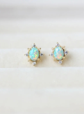 【如梦之梦】日本幻彩欧珀S925纯银镀金Opal耳钉复古美貌气质时尚