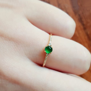 原创玉髓戒指纯天然冰种辣绿蛋面镀18k金镶玉戒指小巧精致女戒
