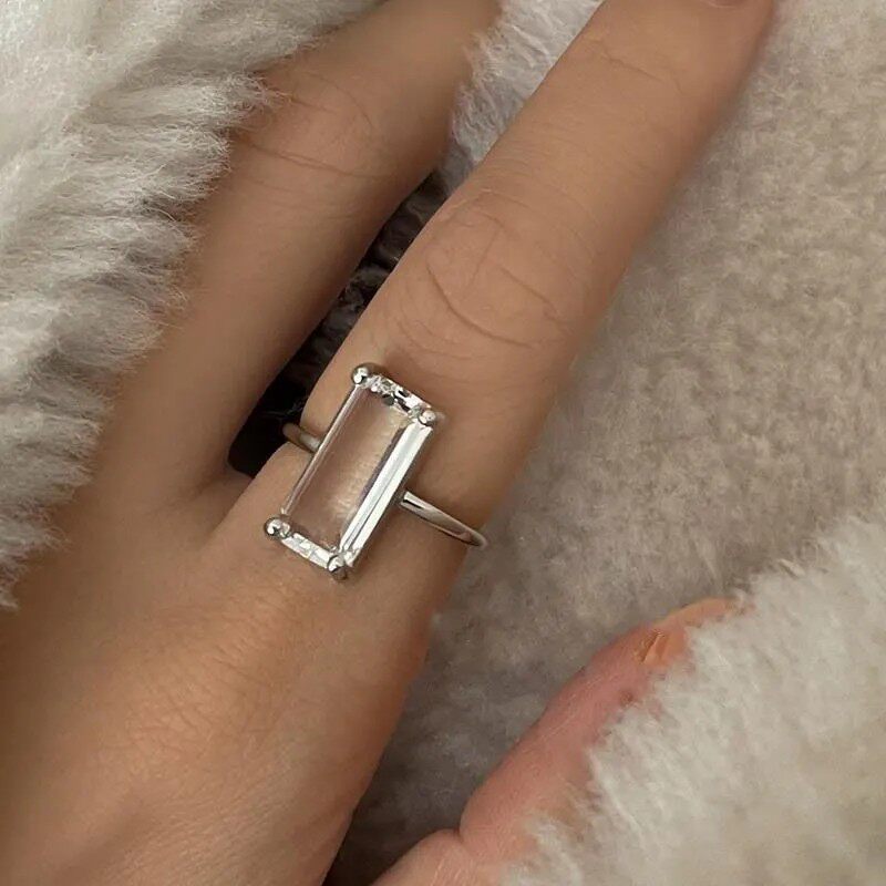 新款日韩几何透明石英石玻璃水晶石戒指女s925银开口可调节指环潮