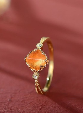 【方糖橙】方糖塔芬达石镶嵌钻石戒指女镀18K金宫廷复古小众港风