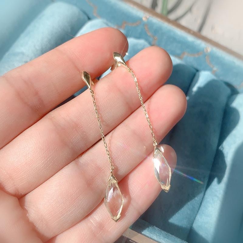 日本菱形水滴长款纯银镶嵌耳环