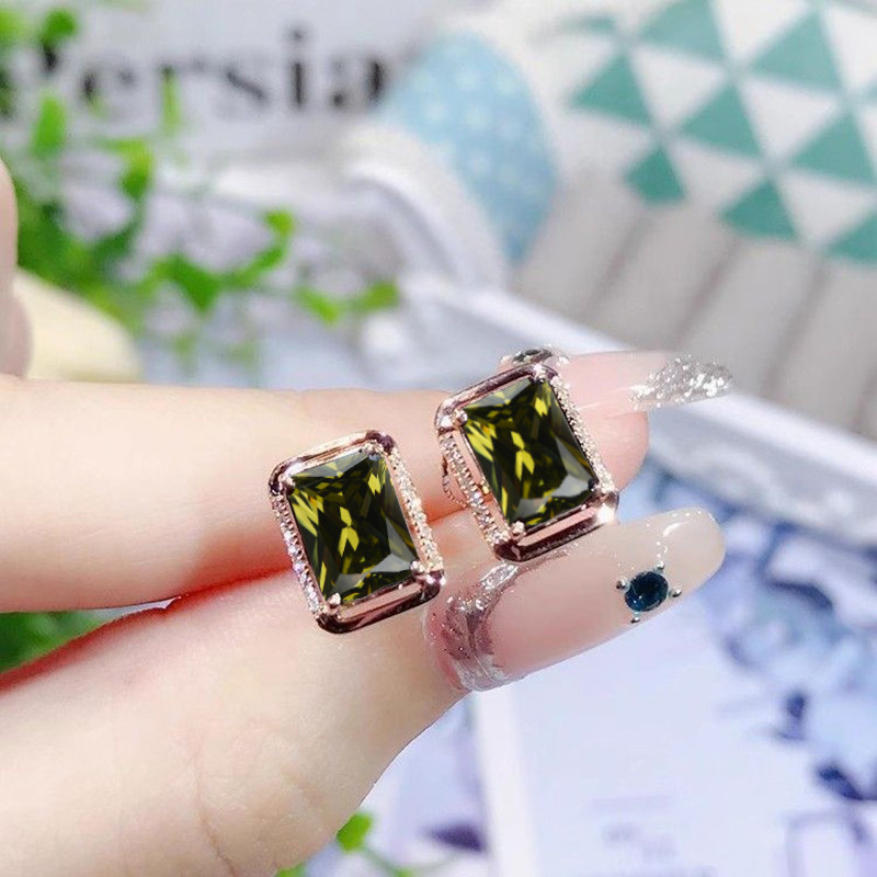 【花卿】新款方形绿碧玺耳钉S925银针镶嵌日韩轻奢气质耳饰女士