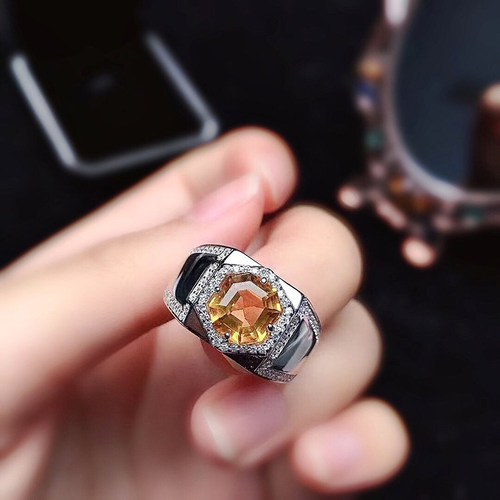 新款阿斯切黄水晶男女款戒指镀S925银镶嵌个性财运时尚大气霸气