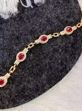 新款鸽血红宝石手链女镀18K金镶嵌锆石轻奢复古宫廷风链条手饰