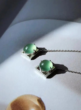 冰种玉髓s925纯银耳钉高冰晴底钢炮耳饰翡翠蛋面清新菱形耳线女潮