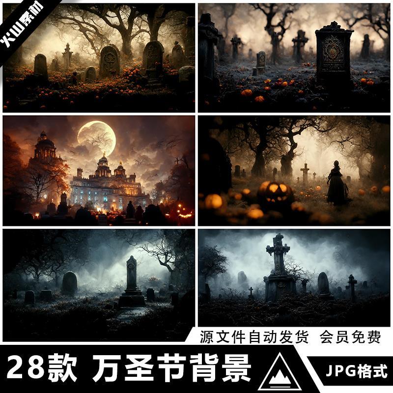 万圣节城堡墓地墓碑南瓜头恐怖黑暗气氛海报背景JPG高清壁纸图片