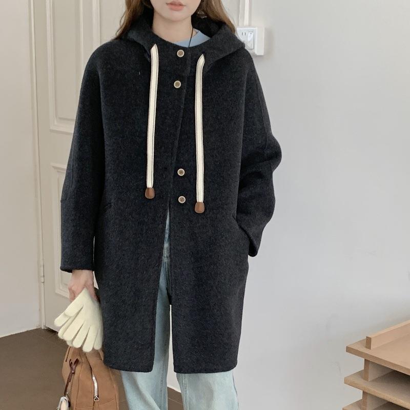 韩国原版定染牦牛绒骆驼绒女装双面羊绒大衣连帽中长休闲毛呢外套