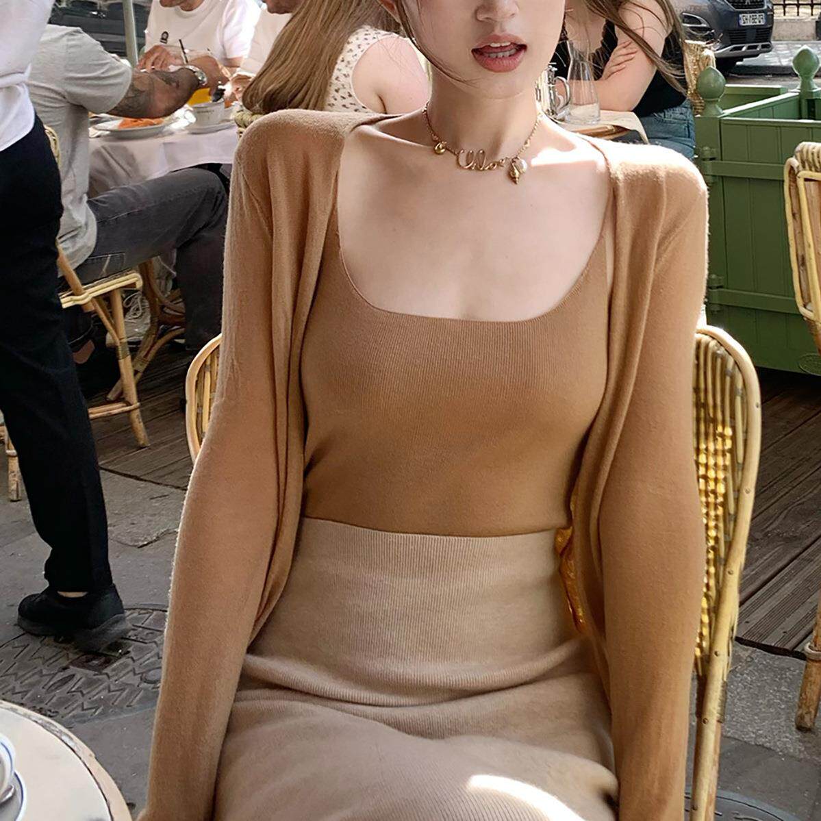 莉莉周 舒适羊毛系列 芭蕾日常感针织开衫吊带背心春秋两件套装女