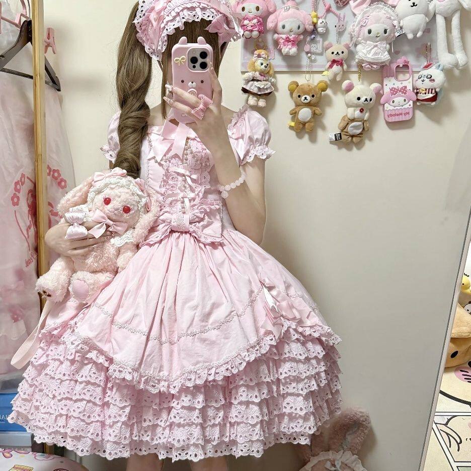 实体店现货小能熊原创珍珠缎带纯棉古早doll感公主纯色Lolita裙