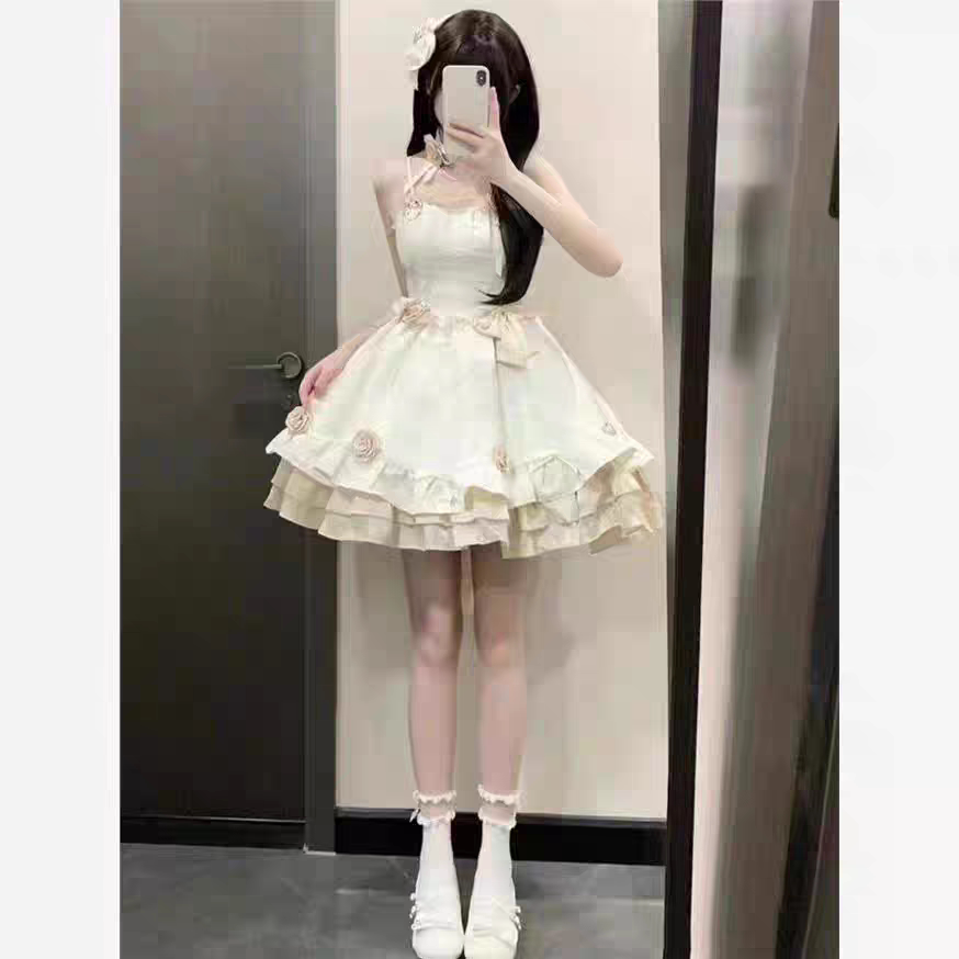 夏季新款韩版在逃公主风优雅精致收腰显瘦吊带蓬蓬连衣裙短裙