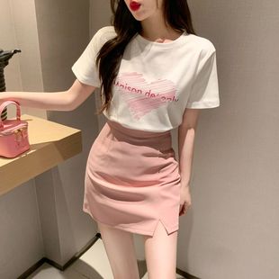 糖果色开叉高腰短裙 夏季 新款 甜美清新减龄套装 女宽松纯棉印花T恤