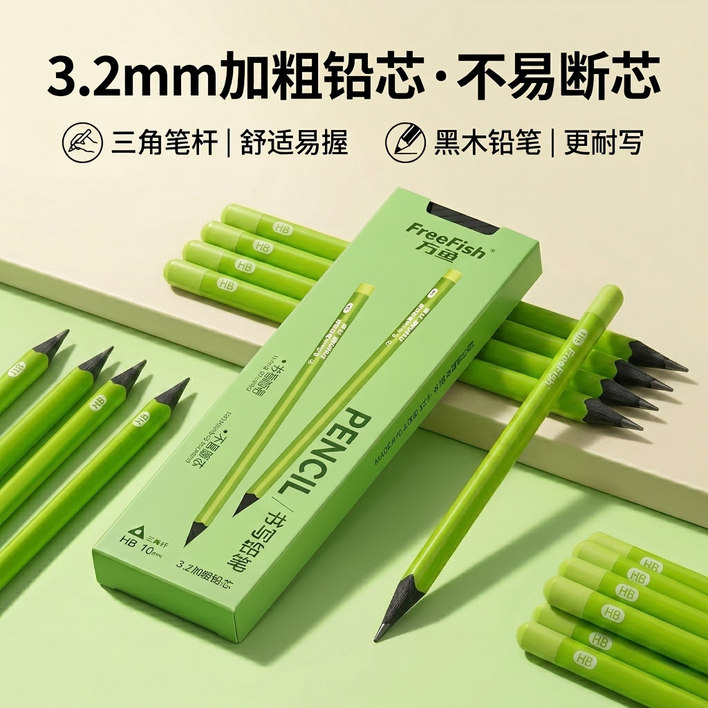 三角杆铅笔无木铅笔小绿杆一二年级小学生专用初学者高端HB铅笔